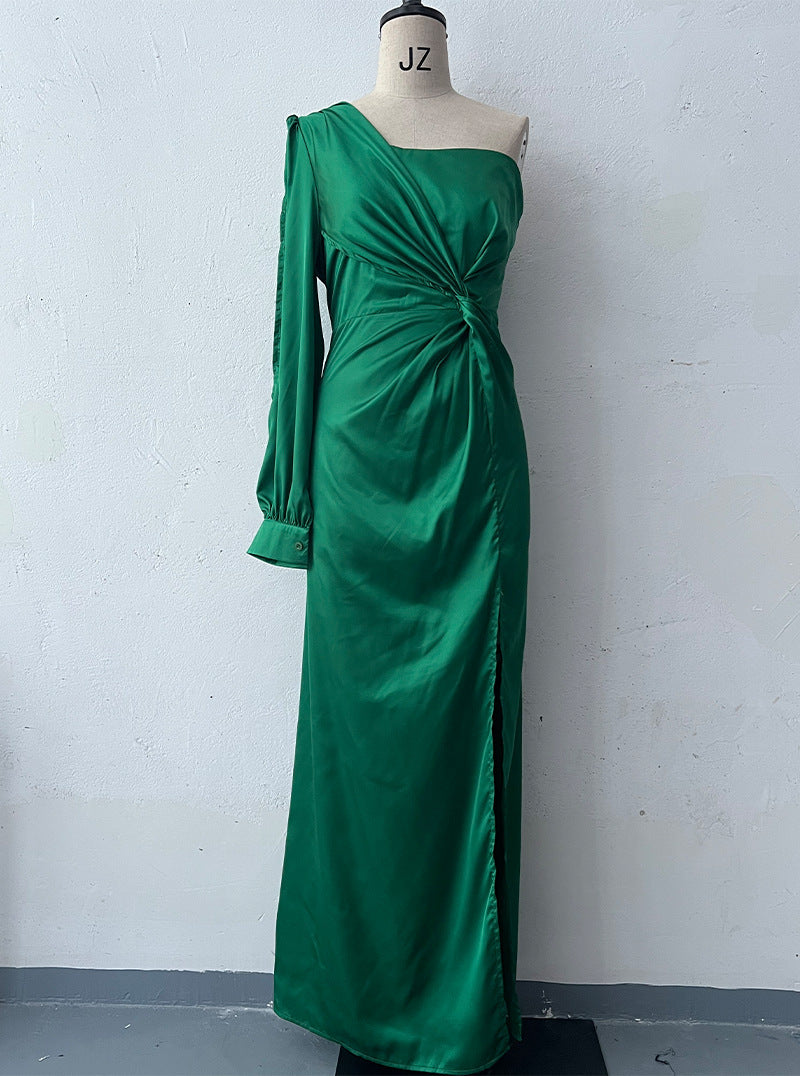 Diagonal Collar Raglan Sleeve Pleated Waist Tight Split Long Dress