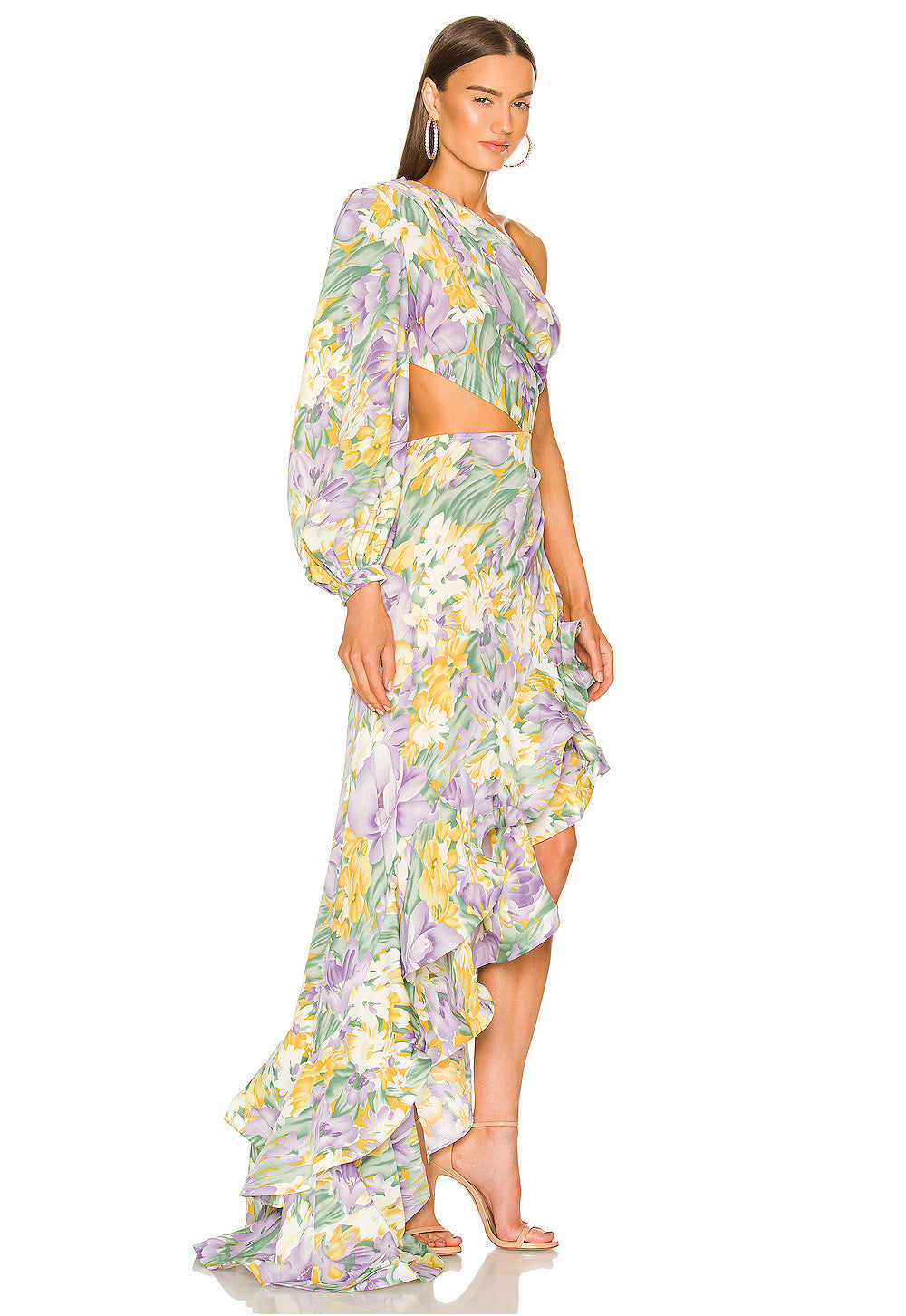 Robe à épaules inclinées et motif floral irrégulier à motif feuille de lotus pour femme