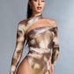 Long-sleeve Printed Sexy Off-shoulder Asymmetrical Halter Bodysuit