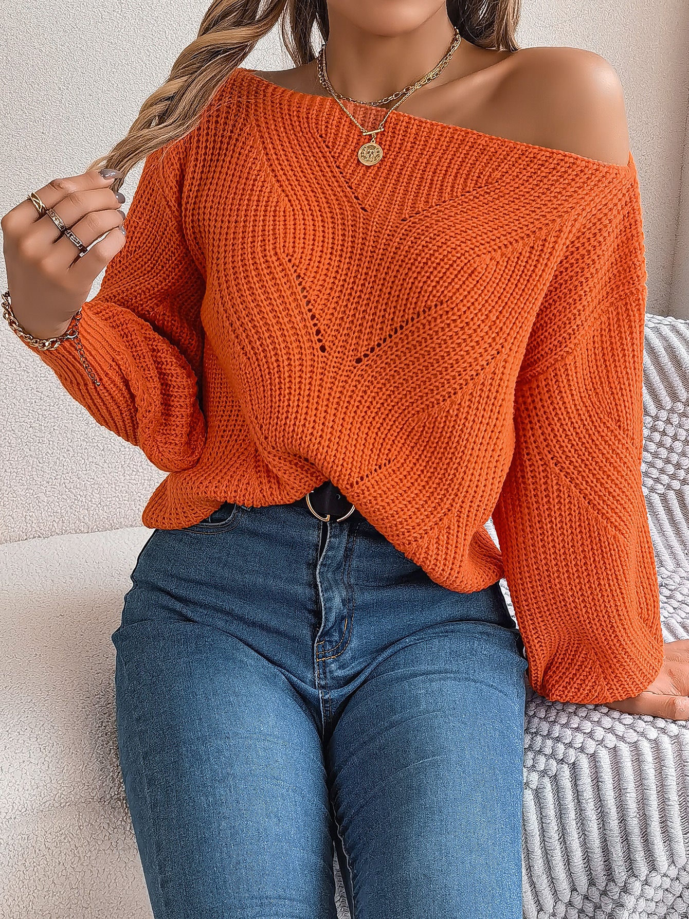 Pull décontracté à manches lanternes et col rond
