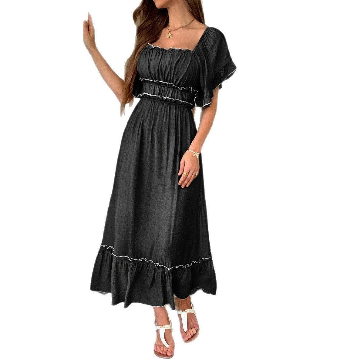 European And American Leisure Vacation Style Stringy Selvedge Short Sleeve Dress