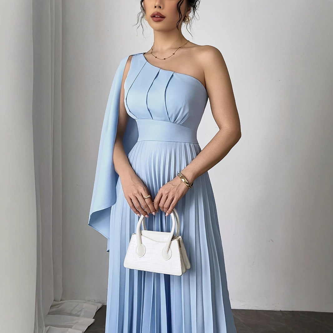 French Fashion New Temperament Single Shoulder Ribbon Waist Pleated Dress