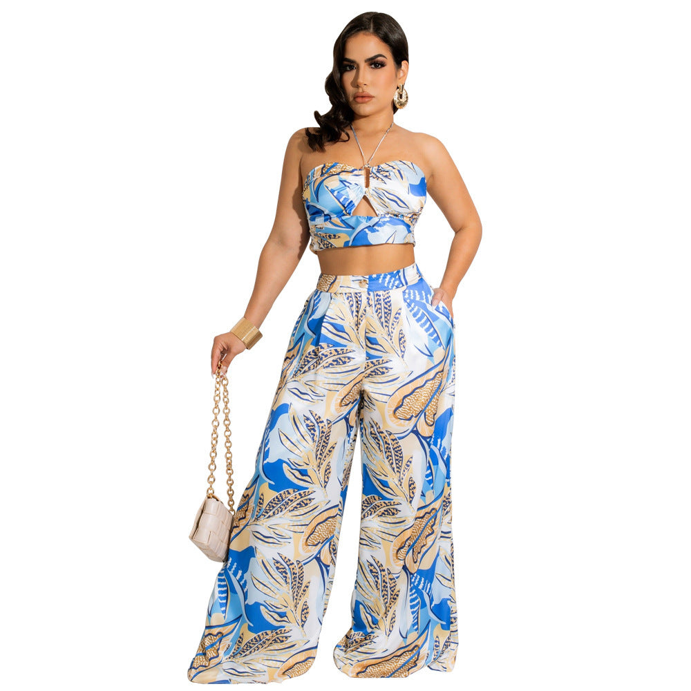 Ensemble deux pièces imprimé haut et pantalon large pour femme