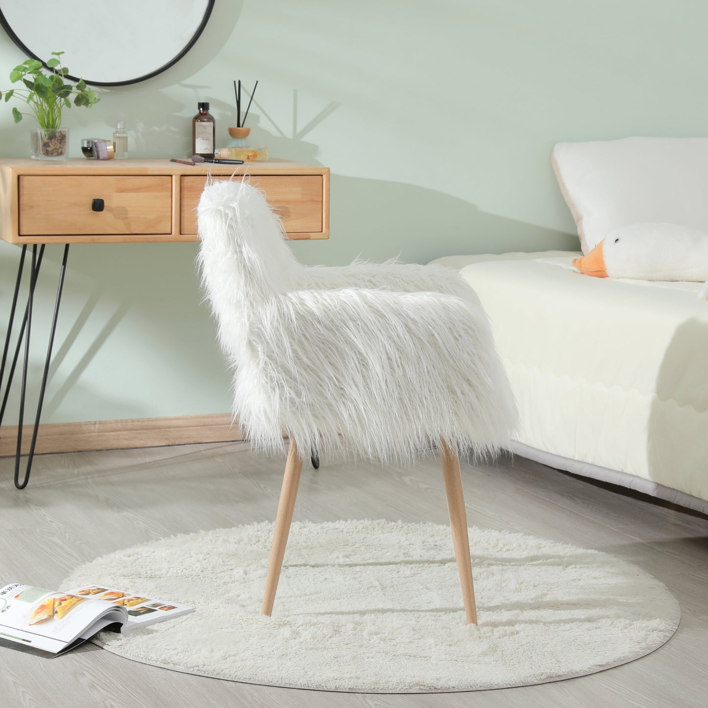 WHITE Faux Fur Upholstered Make Up Chair Side Dining Chair With Metal Leg WHITE Beech Metal Leg