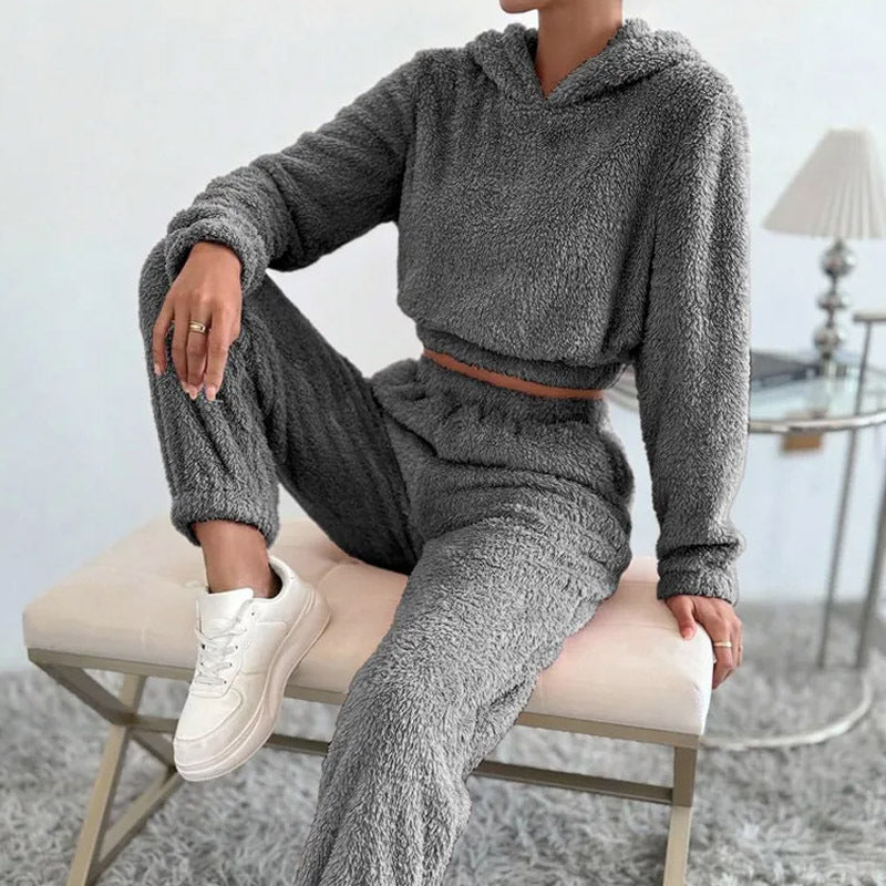 Autumn And Winter Women's Plush Hooded Long Sleeve Casual Suit
