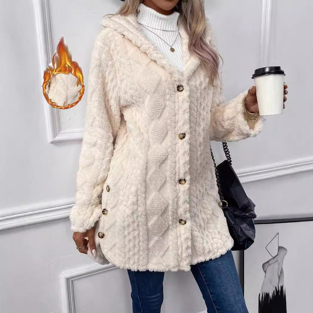 Cardigan à capuche boutonné, veste longue d'hiver, manteau à manches longues de couleur unie