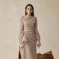Gentle-style Pleated Long-sleeve Waist-cinching Off-shoulder Gown With Pleats In A Ladylike Aesthetic