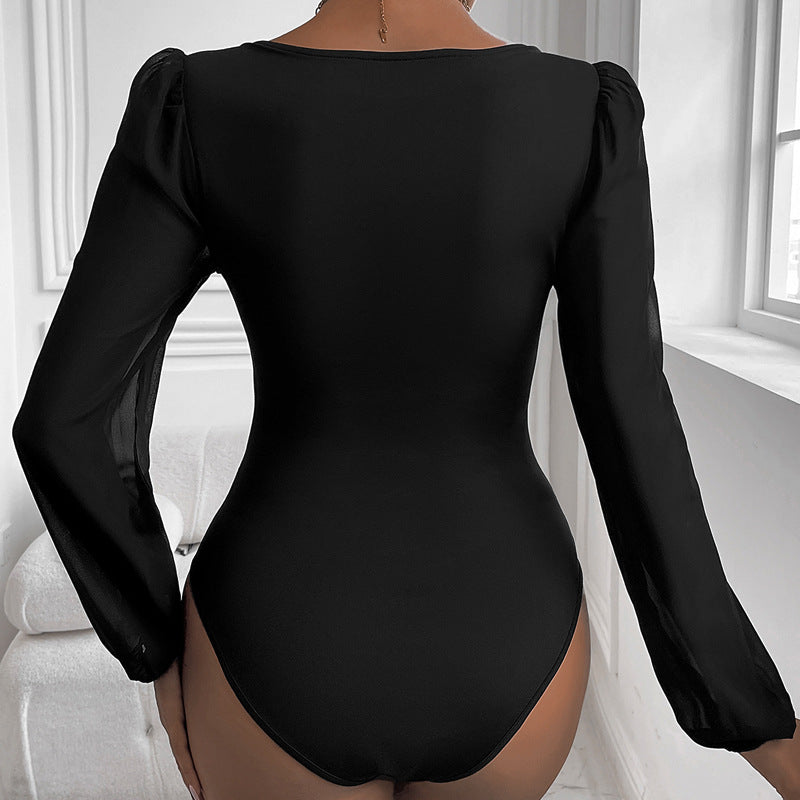 Ladies' Mesh V-neck Patchwork Jumpsuit