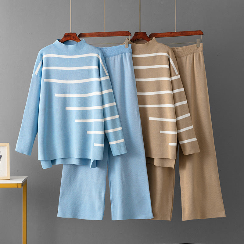 Striped Temperament Knitted Two-piece Turtleneck Sweater Loose Casual