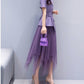 Solid Color Irregular Mesh Skirt High Waist A- Line Skirt