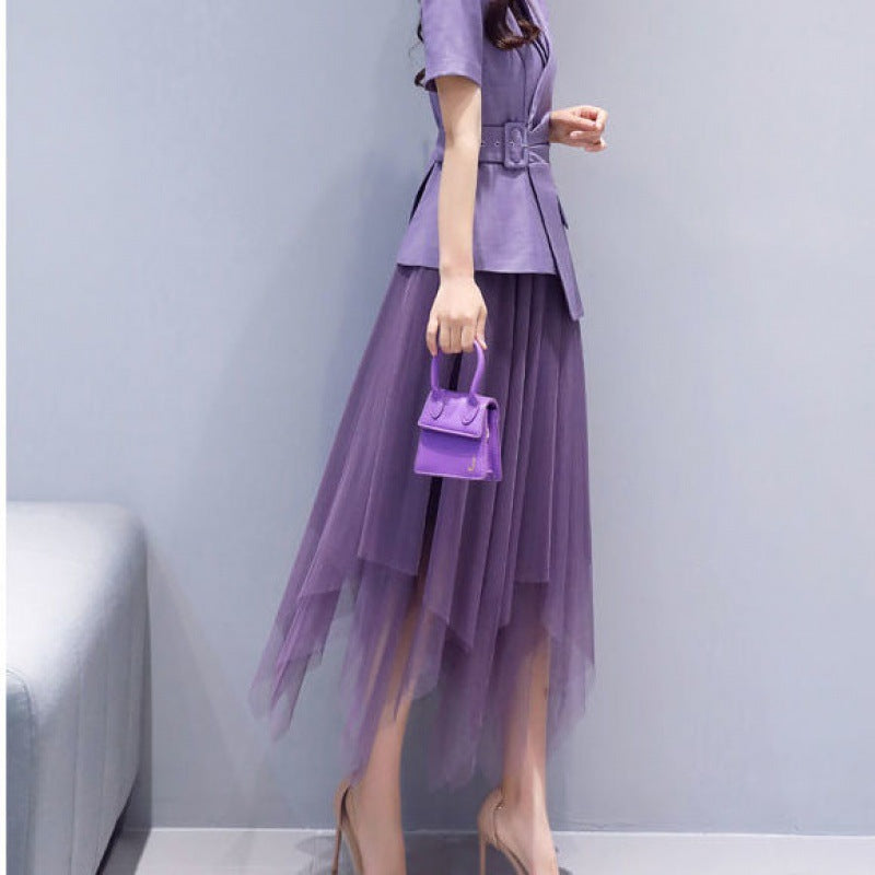 Solid Color Irregular Mesh Skirt High Waist A- Line Skirt