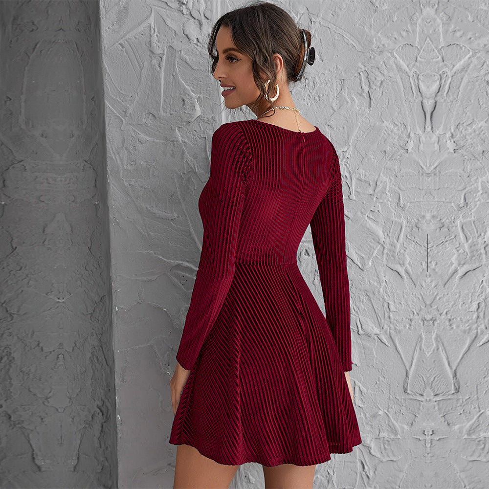 Waist-controlled Large Hem Temperament Long Sleeve Party Velvet Dress