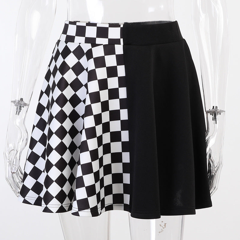 Dark Girl Color Contrast Plaid Stitching Skirt High Waist Skirt