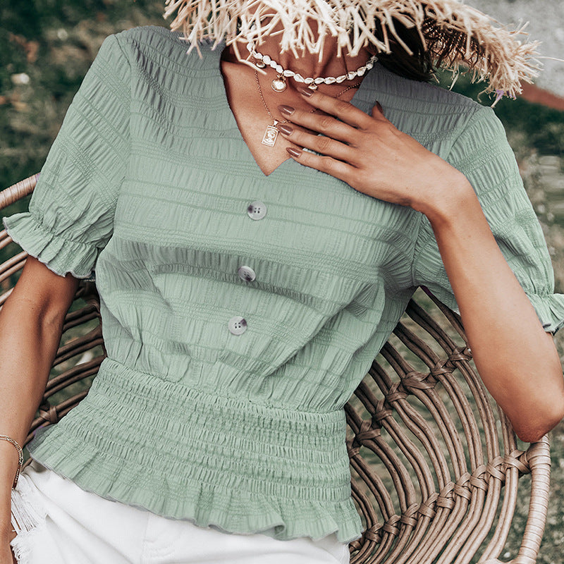 V-neck Short-sleeved Top Waist Slim Green