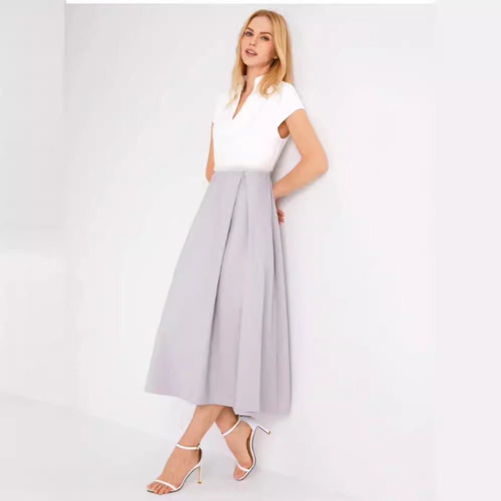Women's A- Line White Color-block V Neck Large Swing Dress