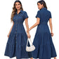 Denim Lapel Short Sleeve Waist-controlled Cardigan Long Dress