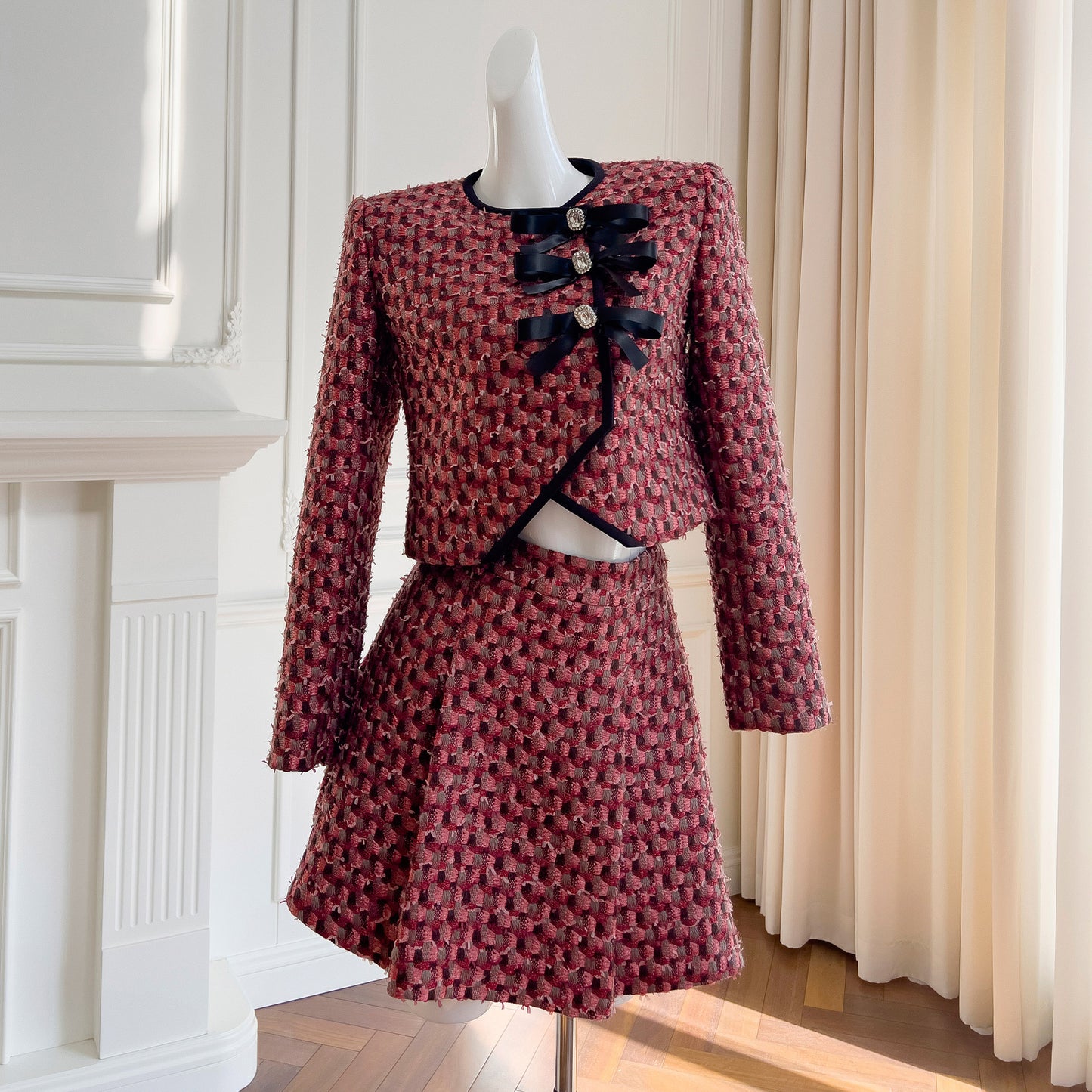 Red Tweed Long Sleeve Top Coat With Short Skirt