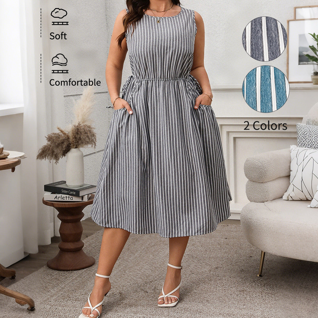 Contrast Color Striped Sleeveless Pocket Fashion Dress