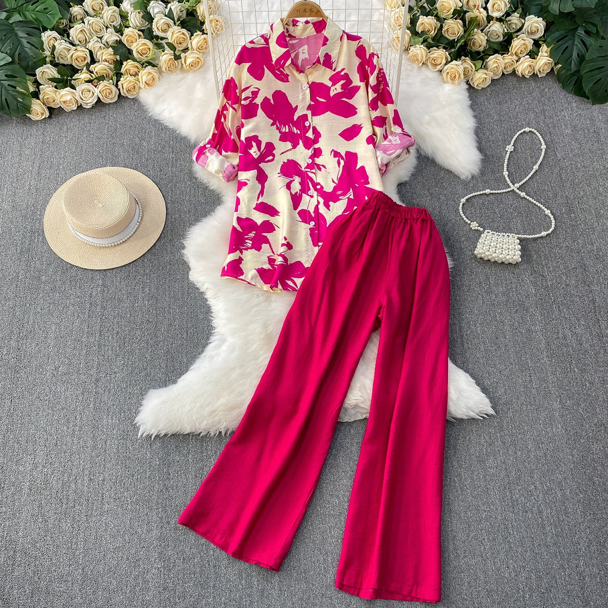 Raglan-sleeve Sun-protective Shirt High-waiste Slimming Wide-leg Pants