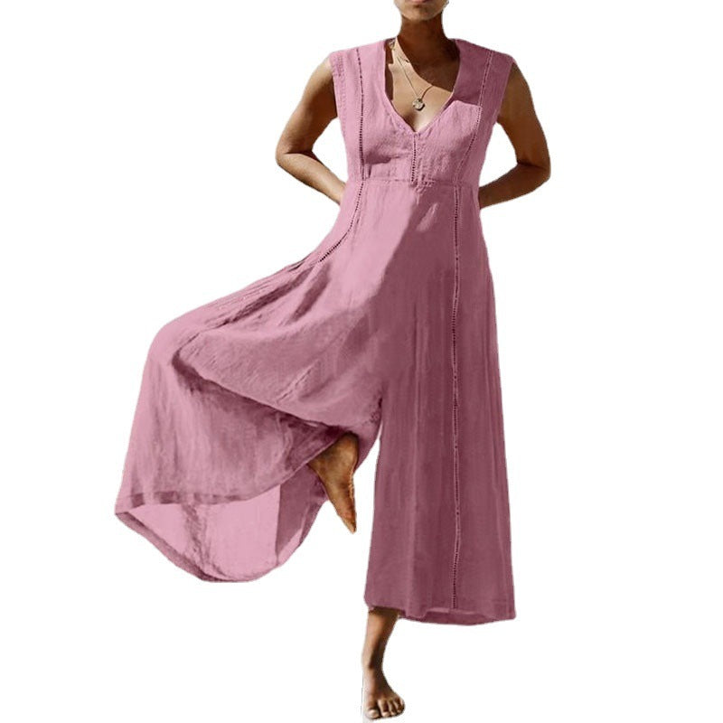 Combinaison ample longue sans manches à col en V pour femme
