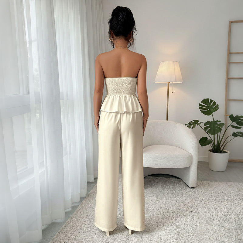 Off-the-shoulder Top And Wide-leg Pants Solid-color Set