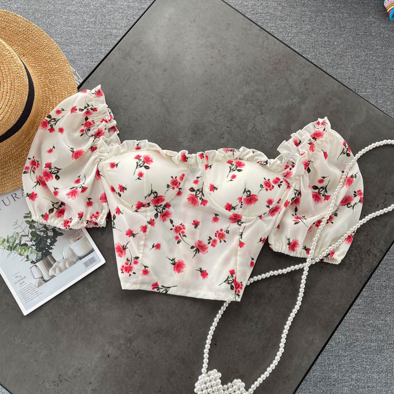 Women's Short Wood Ears With Chest Pads And Floral Chiffon Shirt