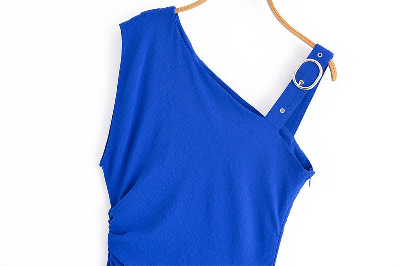 Blue Asymmetric Buckle Shoulder Sleeveless Suspender Dress