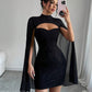 Round-neck Ribbed Pearl Chiffon Cape Bodycon Dress