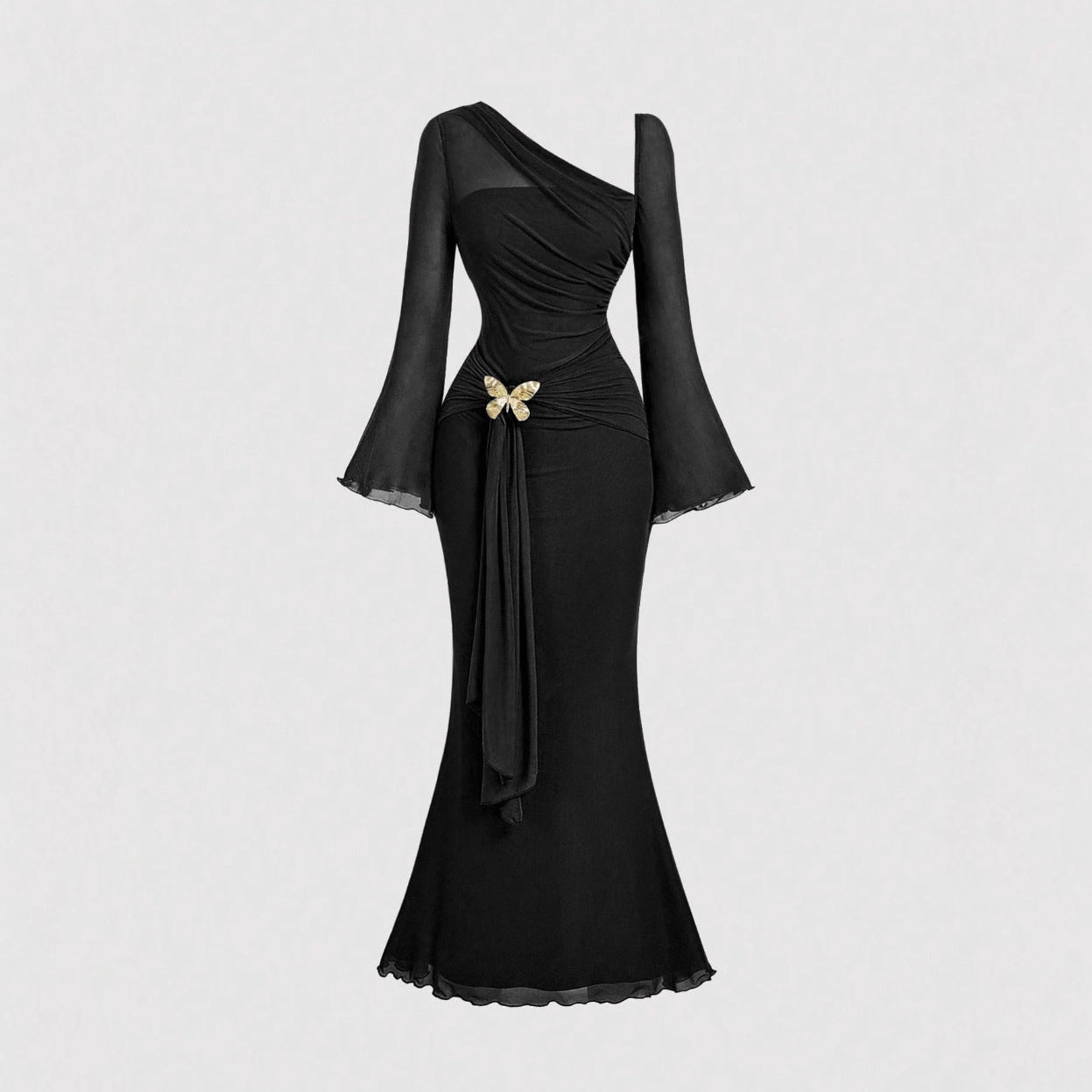 Flared Sleeves With A Butterfly-clasp Design Create A Slimming Ruched Look