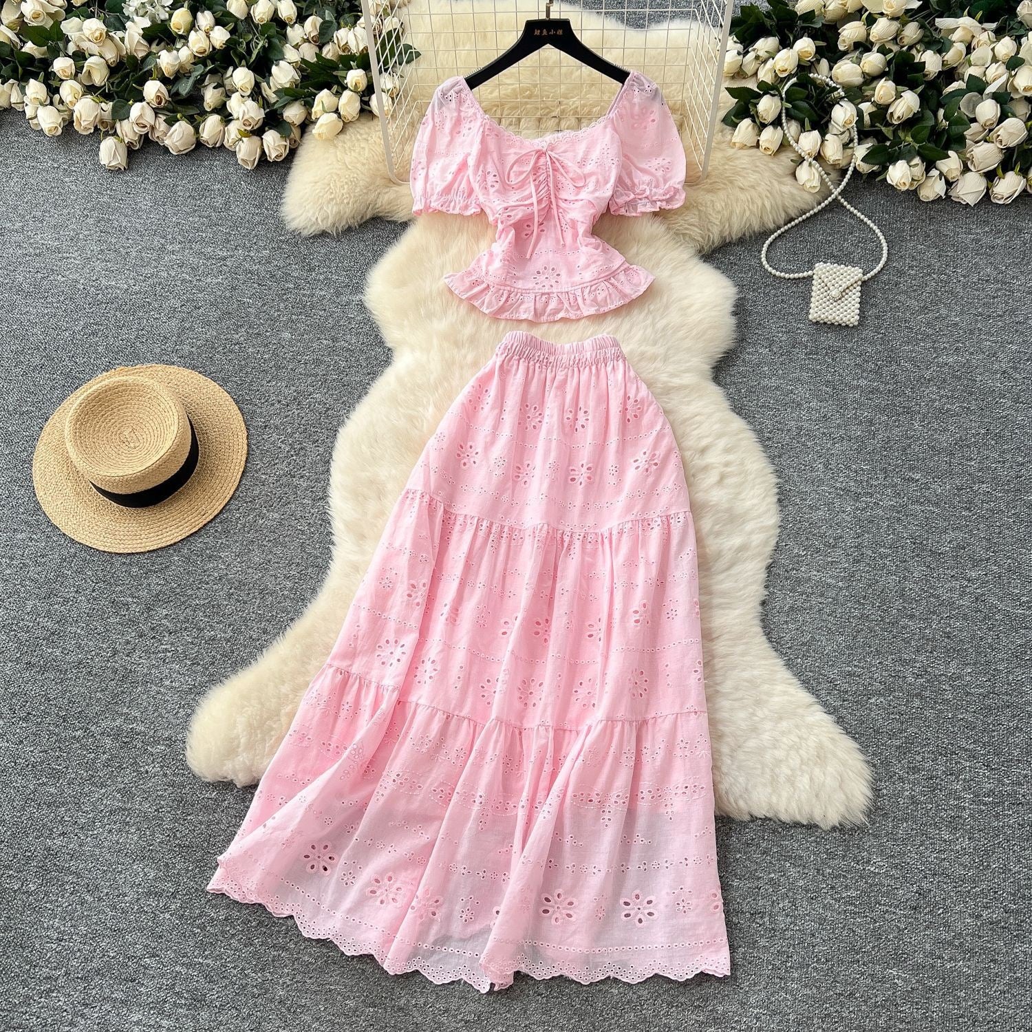 Womens Solid-Color, Defined-Waist, Square-Neck Puff-Sleeve Shirt And Skirt Set