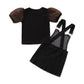 Ensemble à manches courtes pour fille, t-shirt noir à manches bouffantes, jupe à bretelles en jean, tendance
