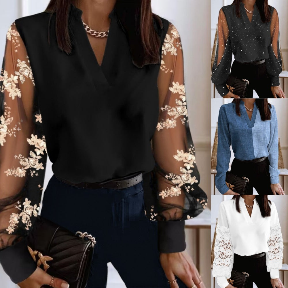 Chemise à manches longues et col en V pour femme