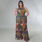 Women's Casual Halterneck Printed Jumpsuit With Belt Plus Size