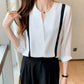 V-neck White Shirt Women's Three-quarter Sleeve Chiffon Top