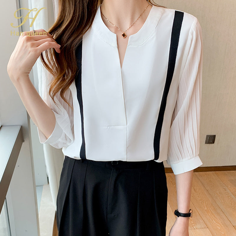 V-neck White Shirt Women's Three-quarter Sleeve Chiffon Top