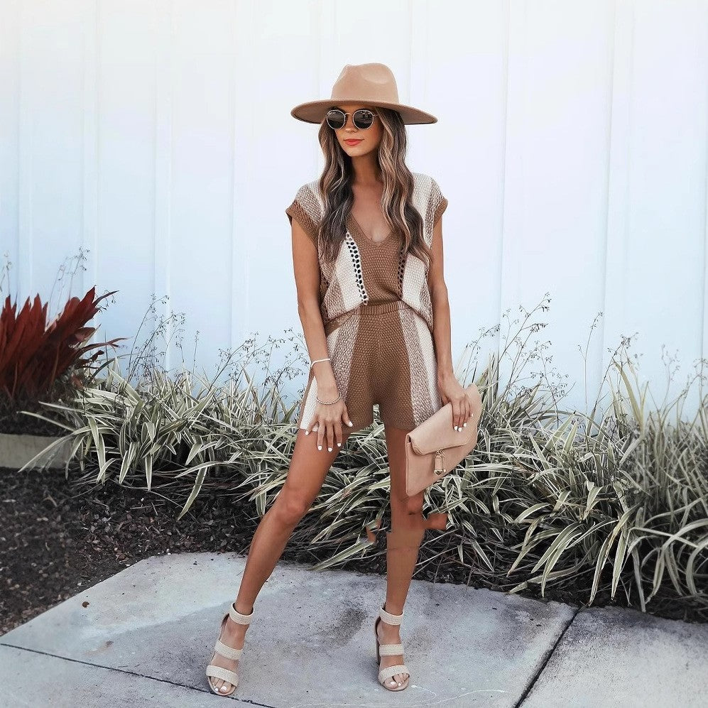 Women's Fashion Casual Shorts V-neck Two-piece Suit