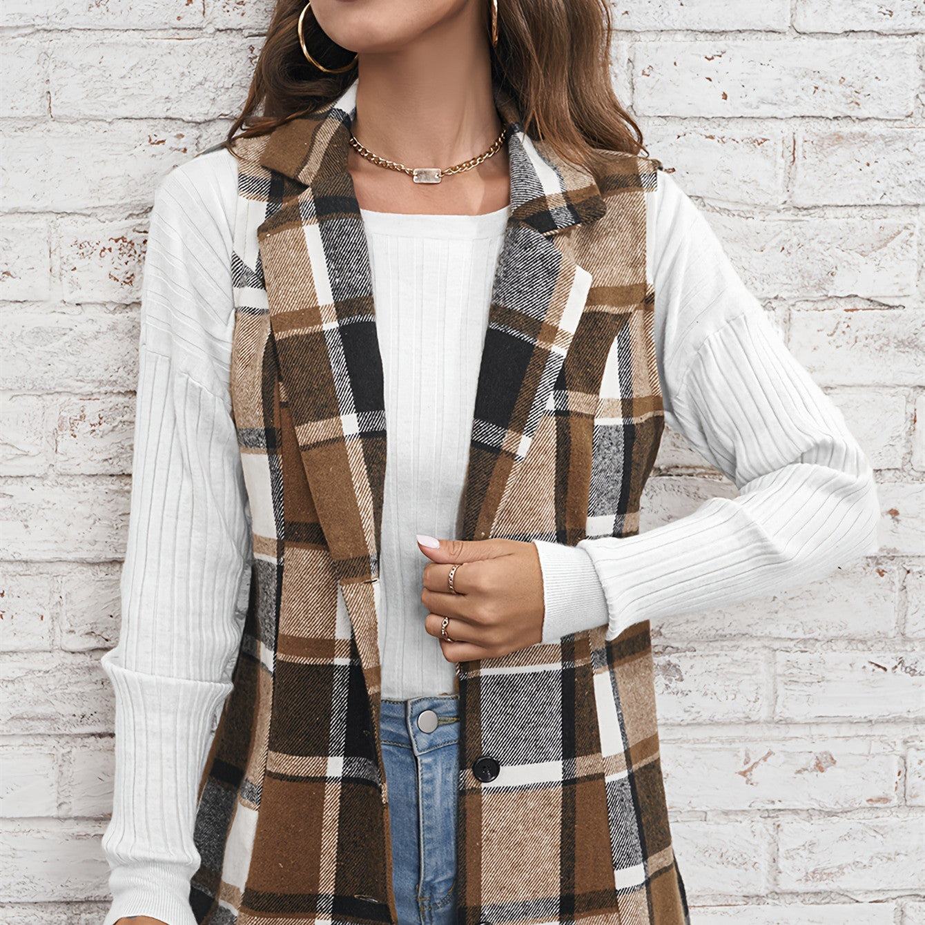 Fashion Women's Wear Lapel Suit Vest Plaid Coat