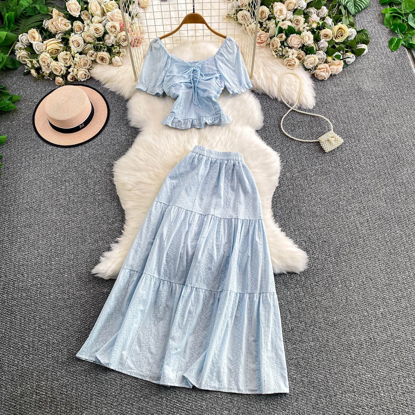 Hollowed-out Embroidered V-Neck Shirt With Ruffled Long Skirt