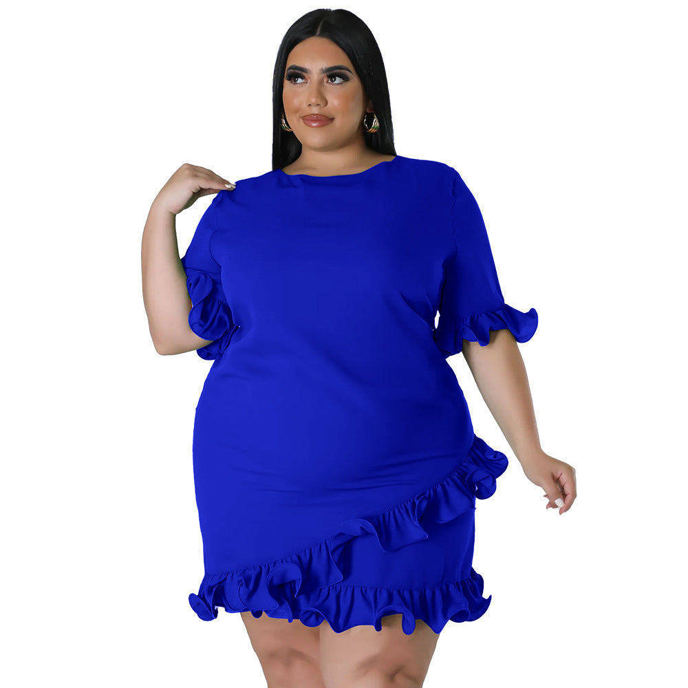 Slim-fit Round-neck Solid-color Casual Dress With Ruffled Hem