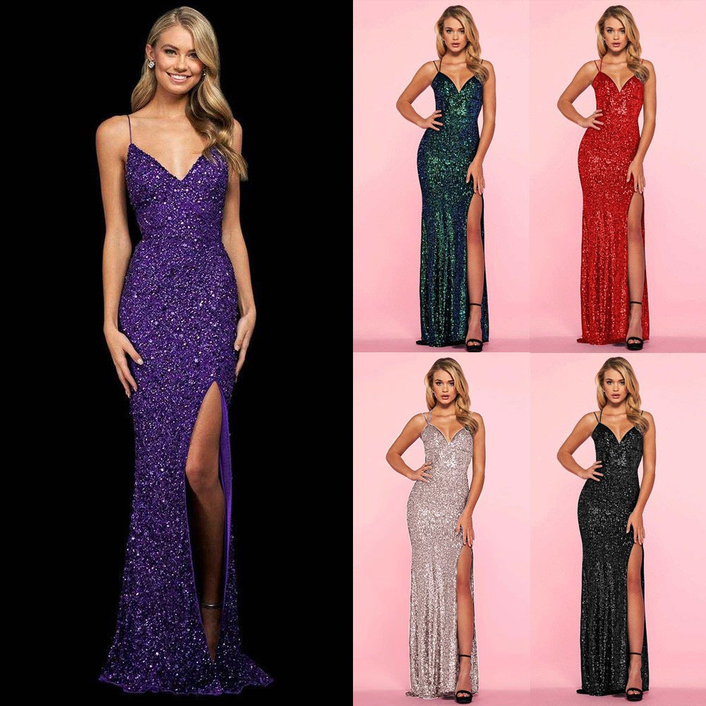 Robe dos nu à paillettes sexy pour femme européenne et américaine