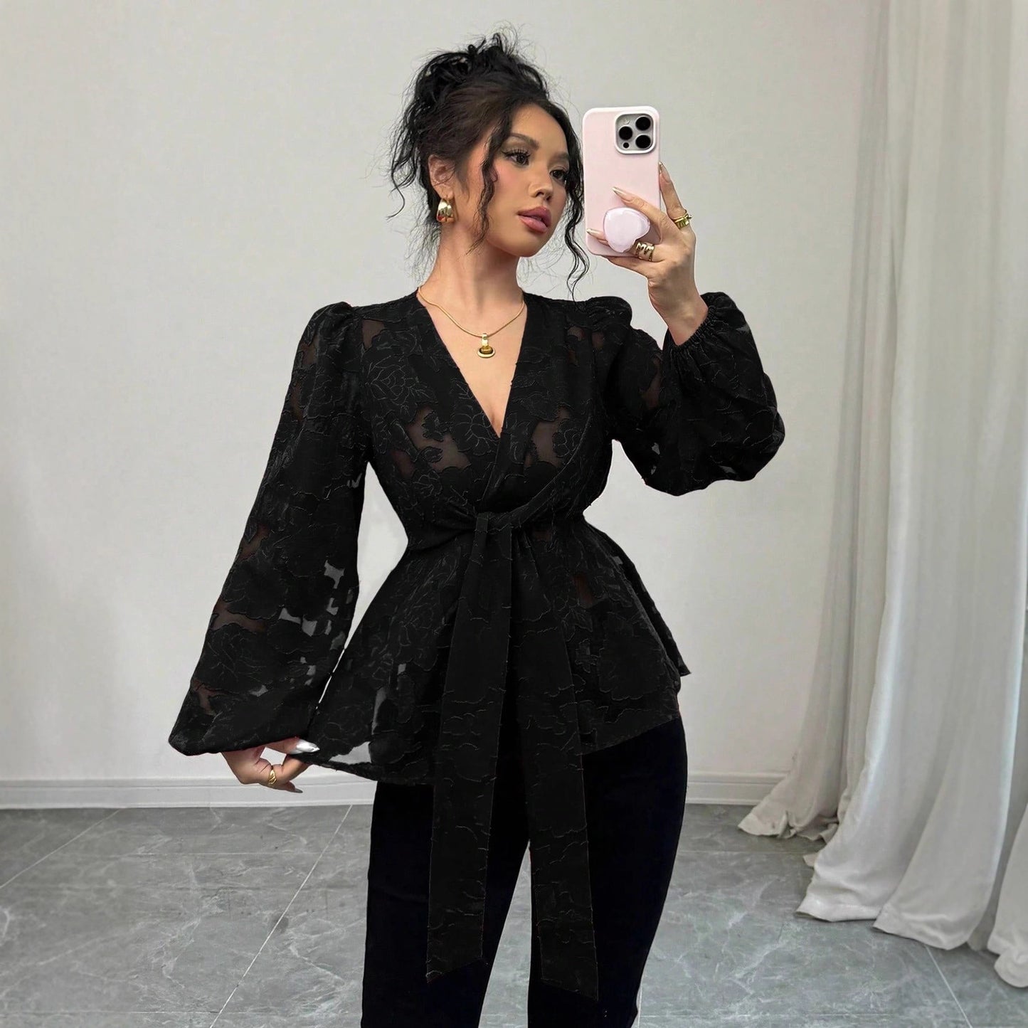 Fashionable Semi-transparent Long-sleeved V-neck Women's Shirt