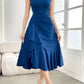 Womens Solid-Color Crew-Neck Sleeveless Dress With Ruffled Hem