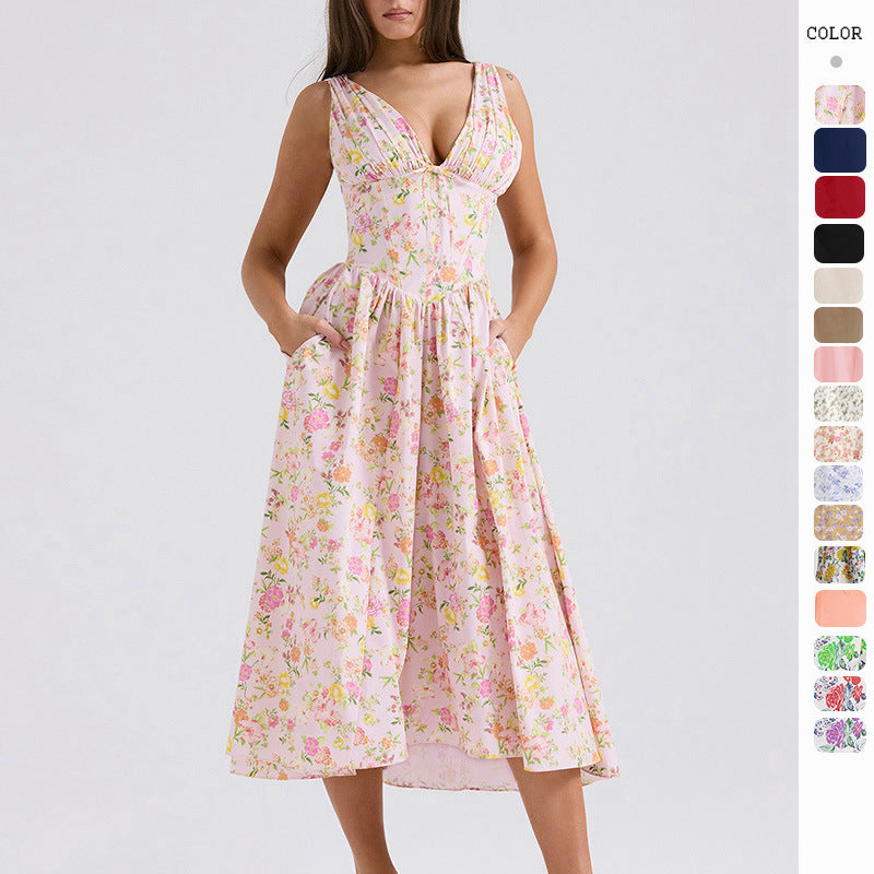 Robe longue à bretelles coupe ajustée, imprimé mode style européen et américain