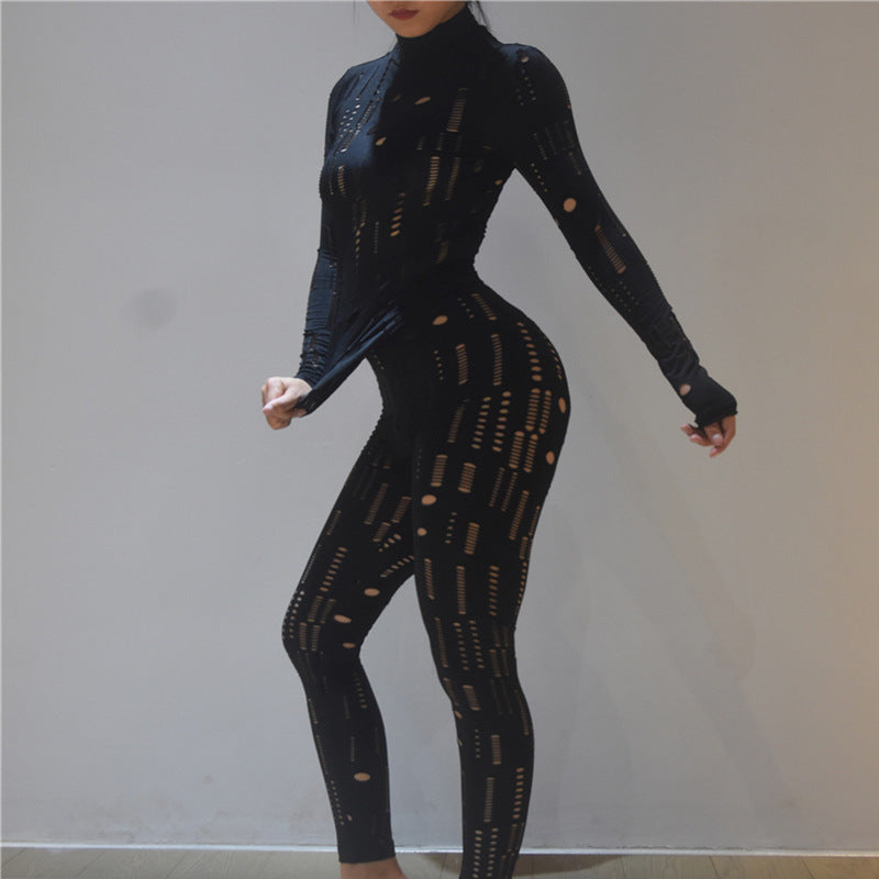 Women's New Cutout Ripped High Waist Tight Trousers Leisure Sports Suit Women