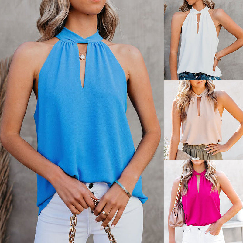 Women's Chiffon Hanging Neck Pullover Lace-Up Tank Top