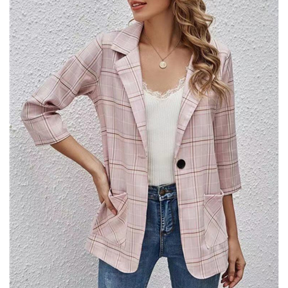 Fashion Plaid Three Quarter Sleeve Small Suit