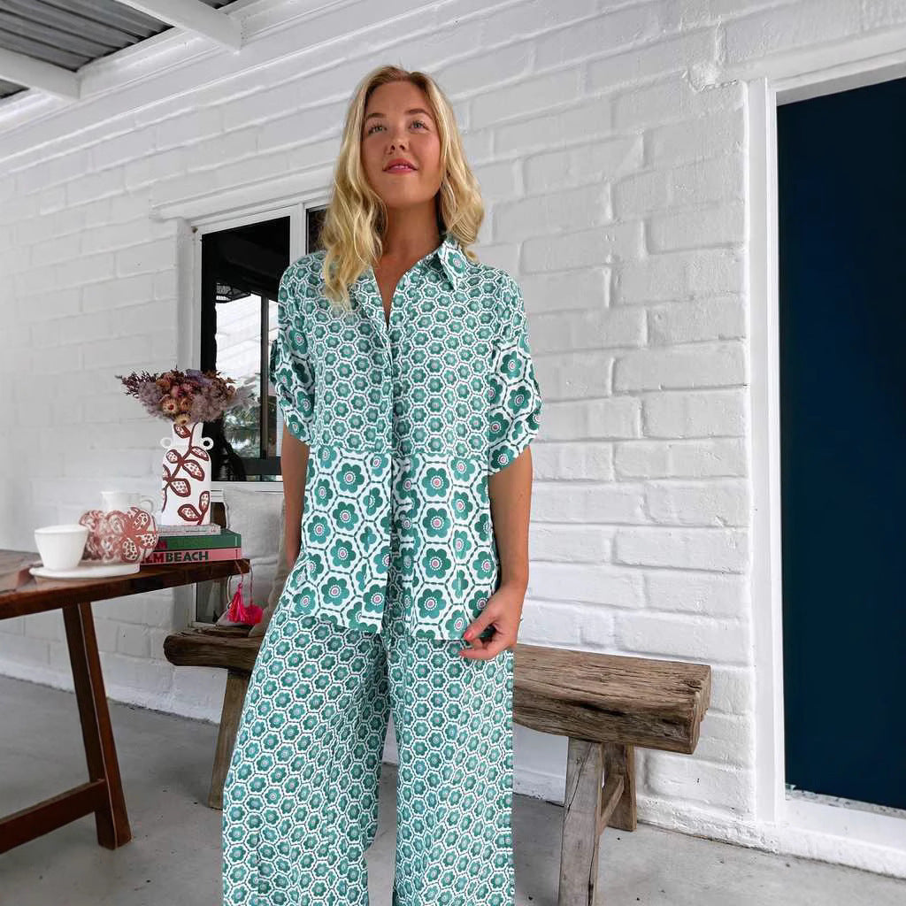 Printed Casual Fashion Shirt Wide Leg Pants Suit