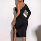 Drawstring See-through Tight Shoulder Long Sleeve Lace Mesh Body Shaping Dress