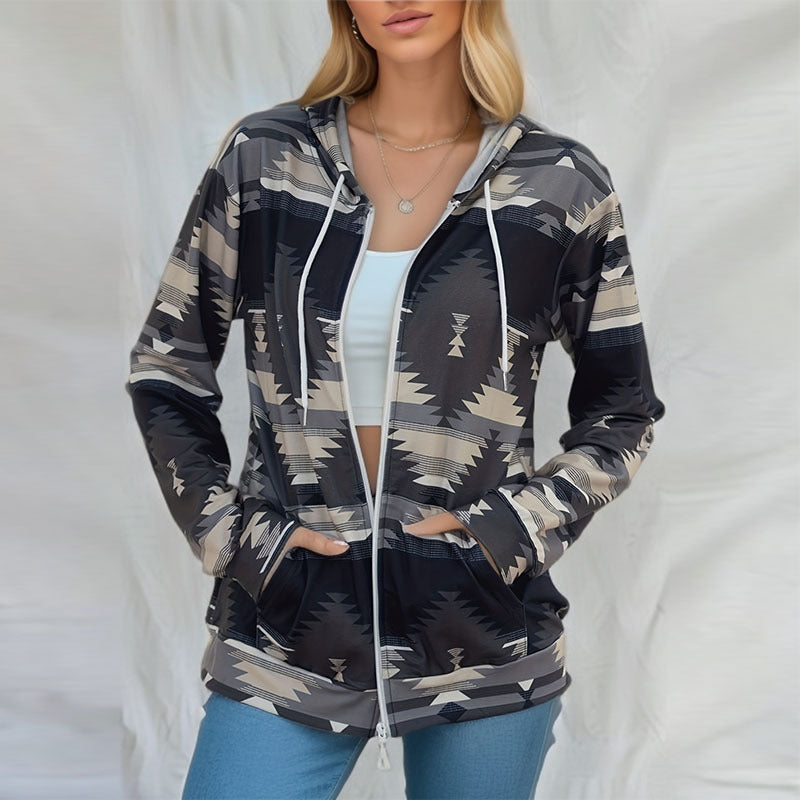 Women's Casual Geometric Loose Hooded Pocket Jacket