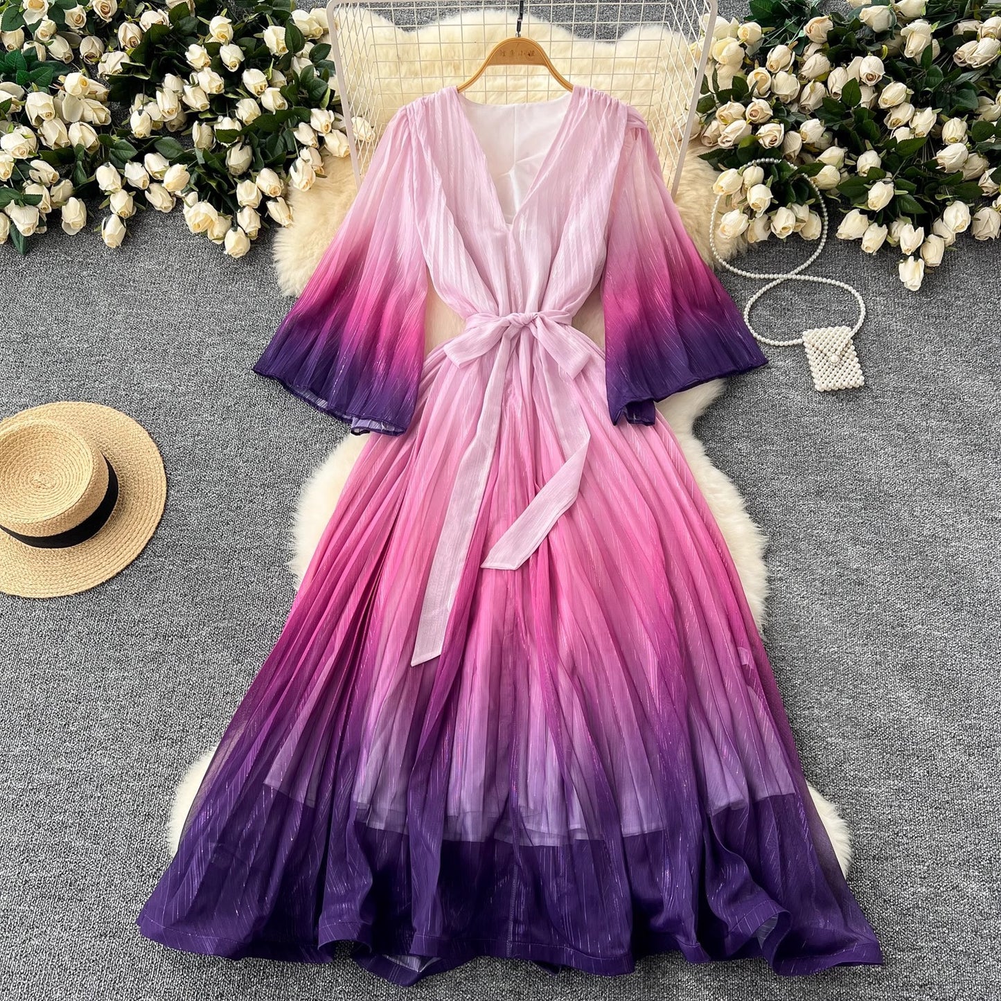 Waist Trimming Lace Up Loose V-neck Flared Sleeves Gradient Color Dress